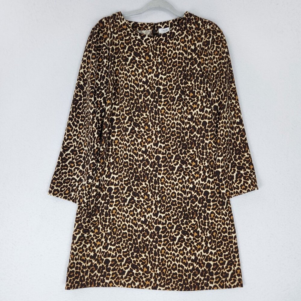 J Crew Dress Womens 10 Tan Brown Leopard Print Long Sleeve Shift Knee Length
